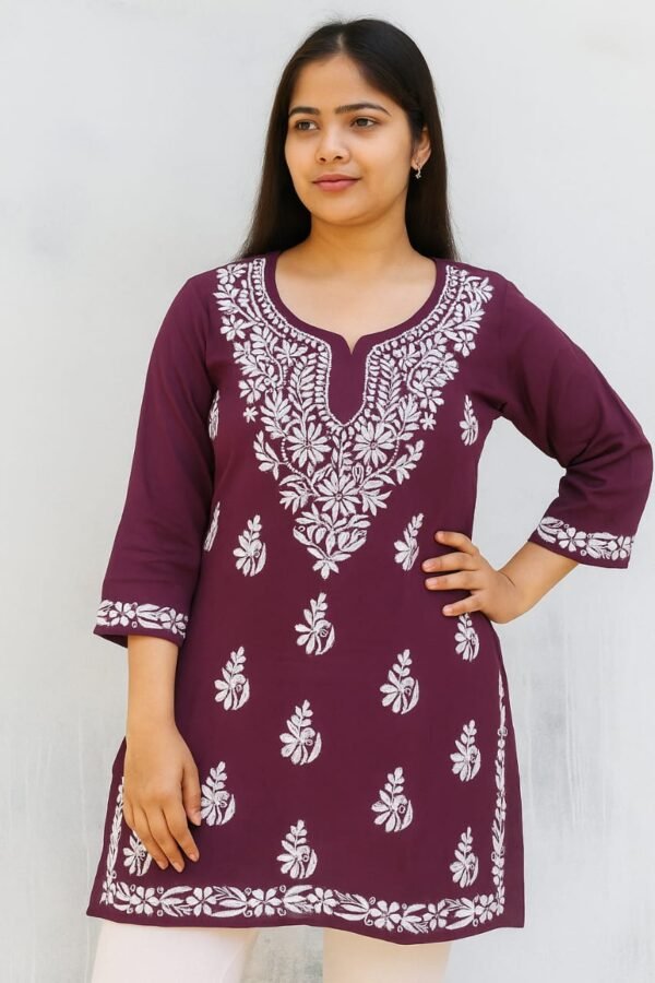 Modal short top gala booti chaak work