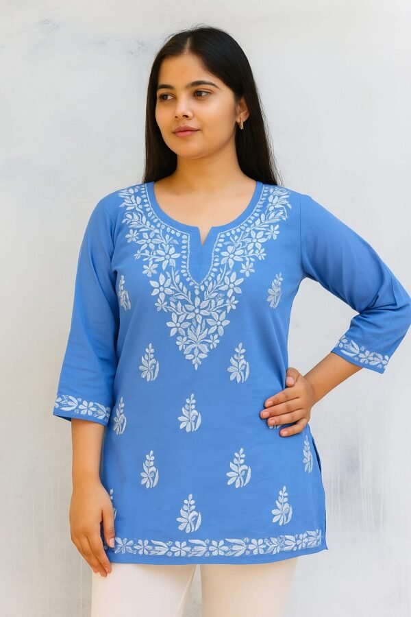 Modal short top gala booti chaak work